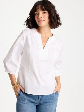 Chico’s White Poplin Cotton 3/4 Sleeve V-Neck Popover #0218